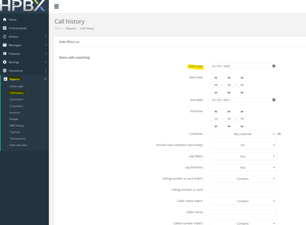 hpbx view call history